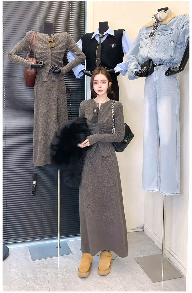 패션 세트 여성 가을 한 부서 주름 허리 수축 몸매 가꾸기 V넥 오픈 가디건 맨위 반신 스커트 투피스 세트 상세 이미지 4