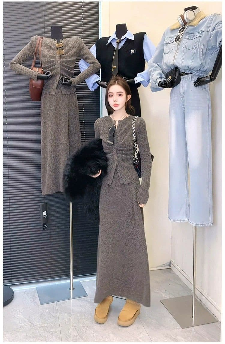 패션 세트 여성 가을 한 부서 주름 허리 수축 몸매 가꾸기 V넥 오픈 가디건 맨위 반신 스커트 투피스 세트 상세 이미지 6