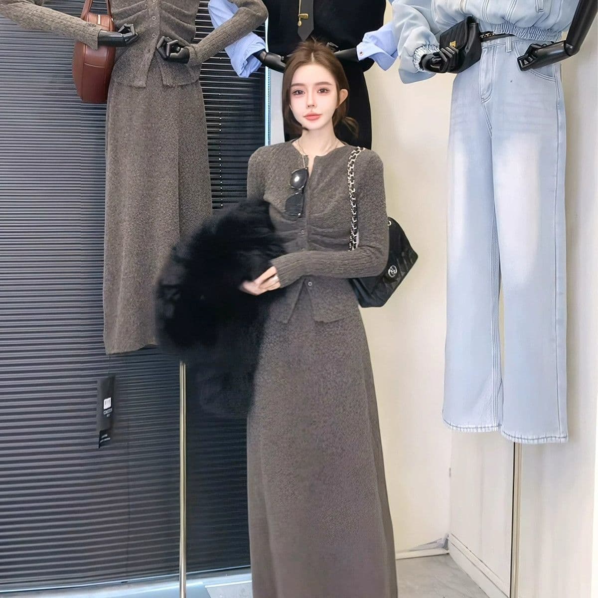 패션 세트 여성 가을 한 부서 주름 허리 수축 몸매 가꾸기 V넥 오픈 가디건 맨위 반신 스커트 투피스 세트 상세 이미지 9