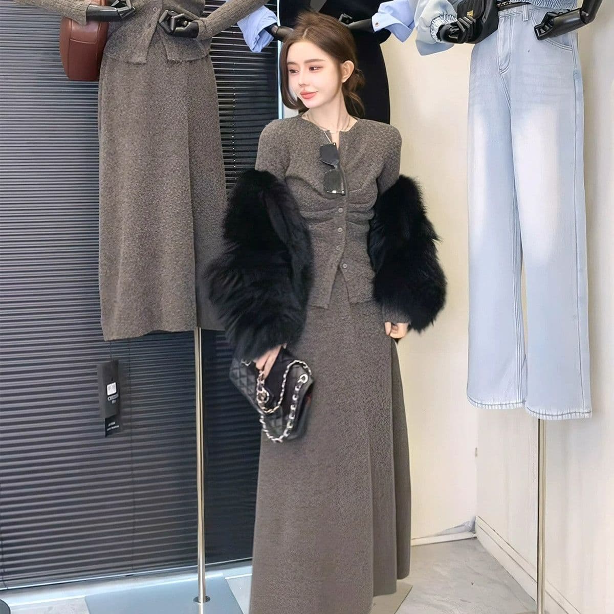 패션 세트 여성 가을 한 부서 주름 허리 수축 몸매 가꾸기 V넥 오픈 가디건 맨위 반신 스커트 투피스 세트 상세 이미지 11