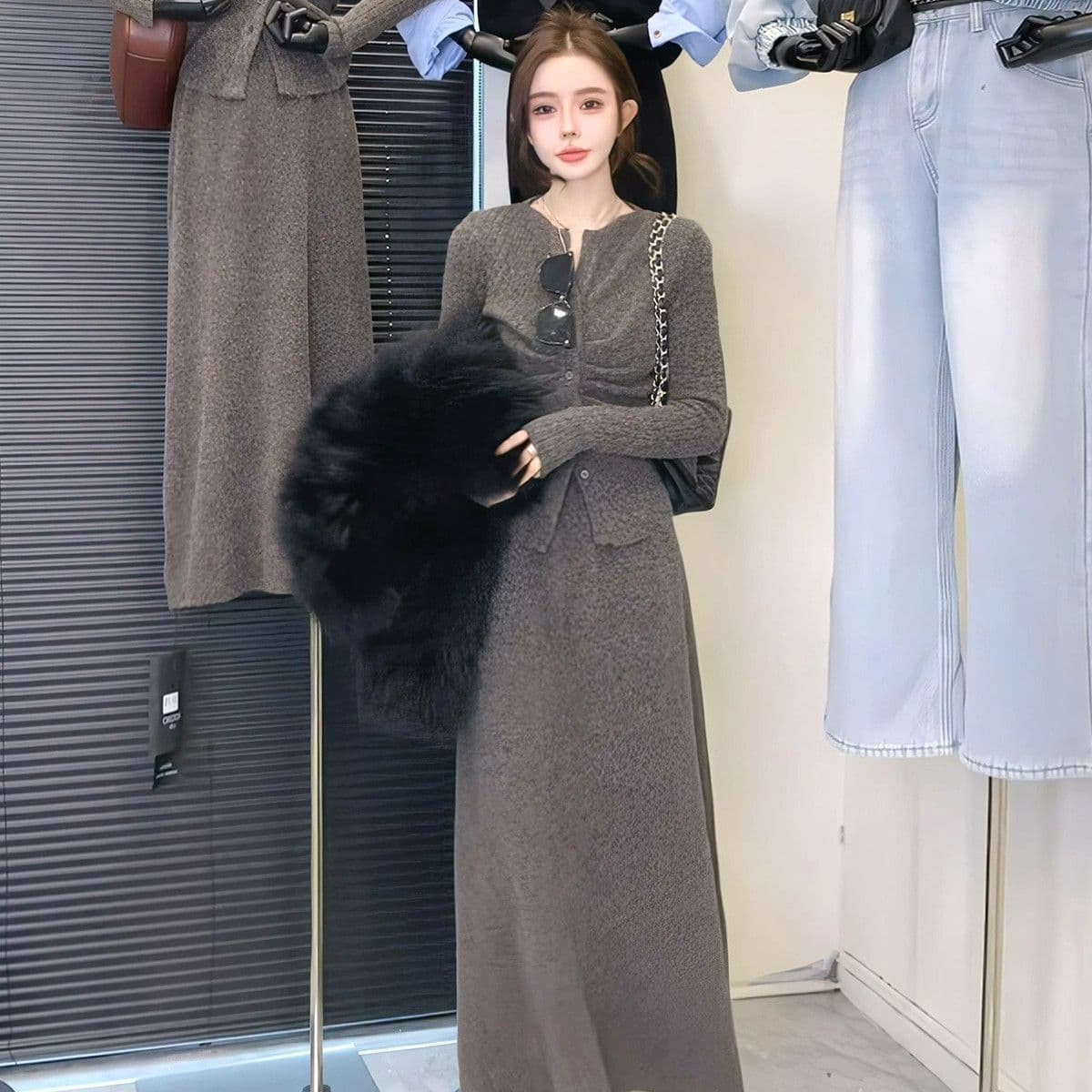 패션 세트 여성 가을 한 부서 주름 허리 수축 몸매 가꾸기 V넥 오픈 가디건 맨위 반신 스커트 투피스 세트 상세 이미지 12