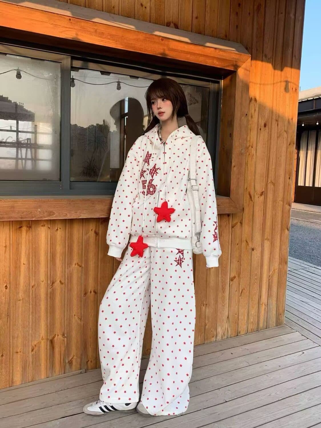 모방 면 사선 무늬 당겨 프레임 250그램 전체 인쇄 별 후드 세트 여성 가을 루즈핏 긴팔 캐주얼 투피스 세트 상세 이미지 3
