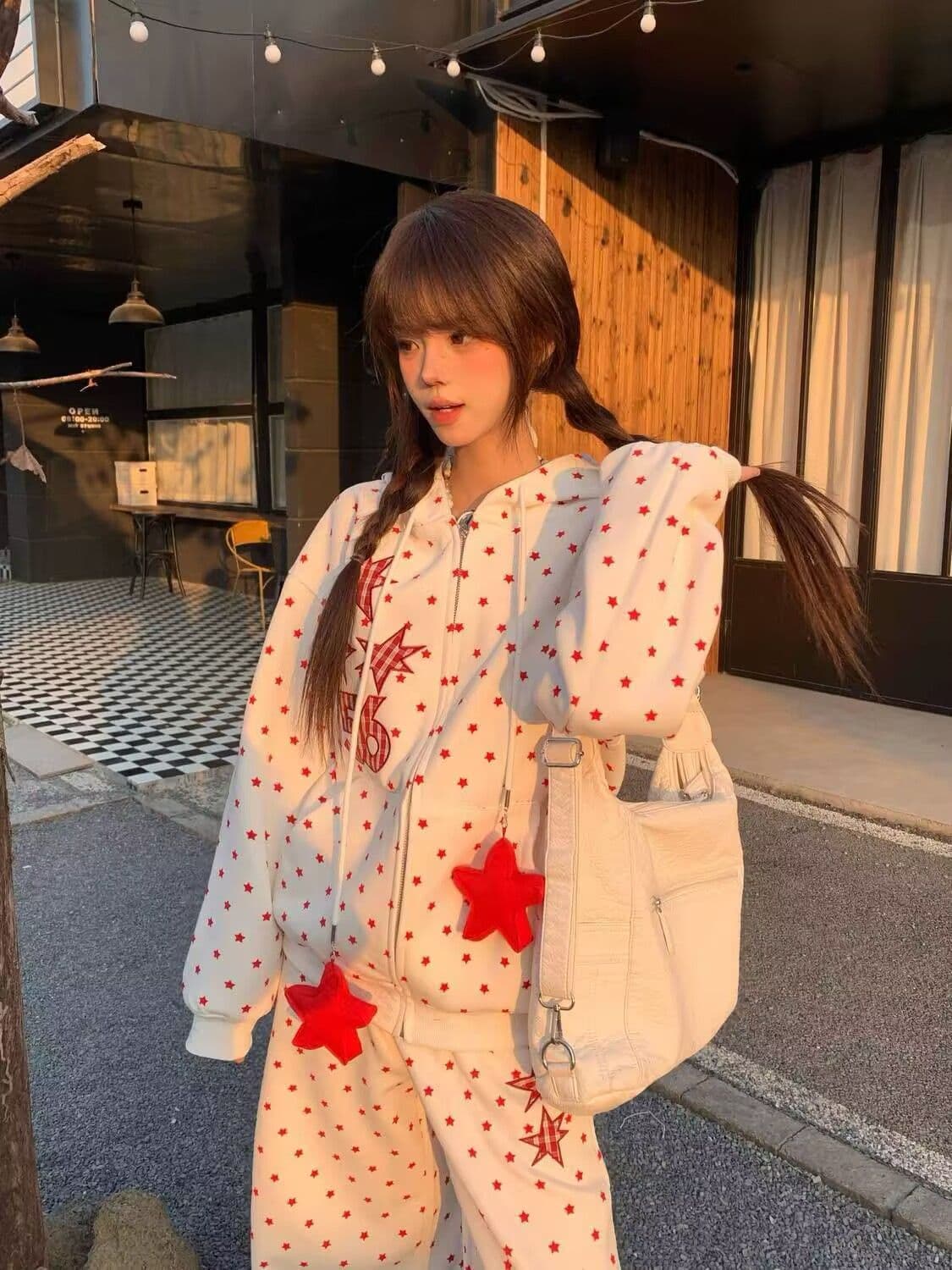 모방 면 사선 무늬 당겨 프레임 250그램 전체 인쇄 별 후드 세트 여성 가을 루즈핏 긴팔 캐주얼 투피스 세트 상세 이미지 5