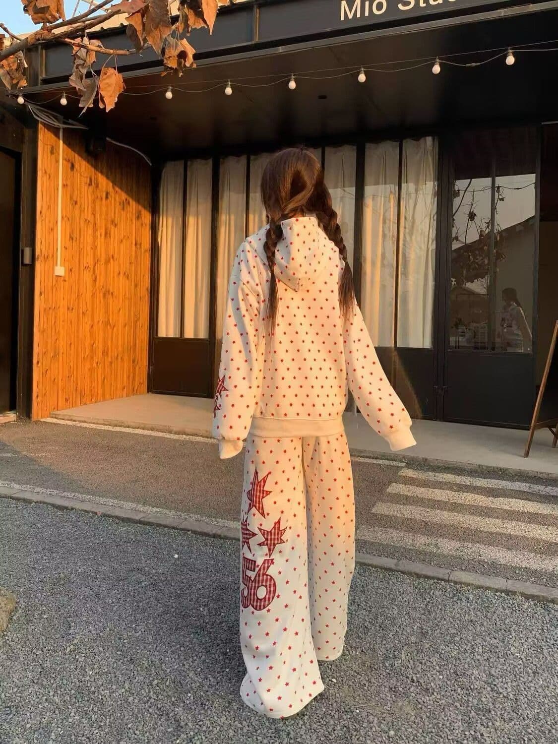 모방 면 사선 무늬 당겨 프레임 250그램 전체 인쇄 별 후드 세트 여성 가을 루즈핏 긴팔 캐주얼 투피스 세트 상세 이미지 6