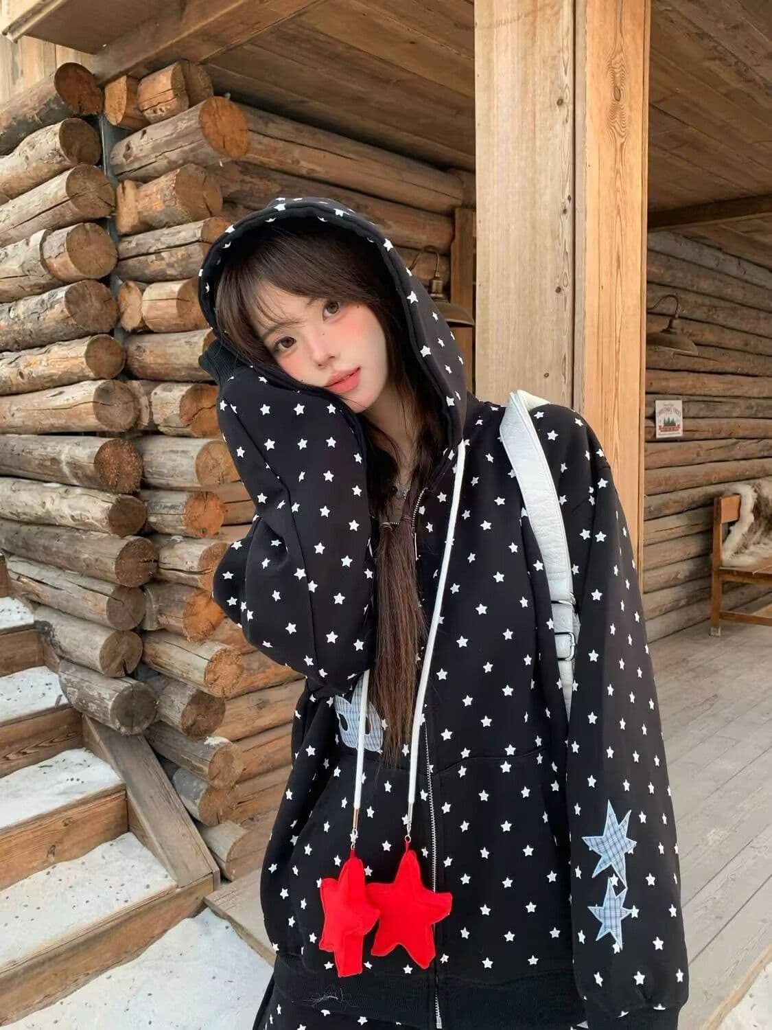 모방 면 사선 무늬 당겨 프레임 250그램 전체 인쇄 별 후드 세트 여성 가을 루즈핏 긴팔 캐주얼 투피스 세트 상세 이미지 7