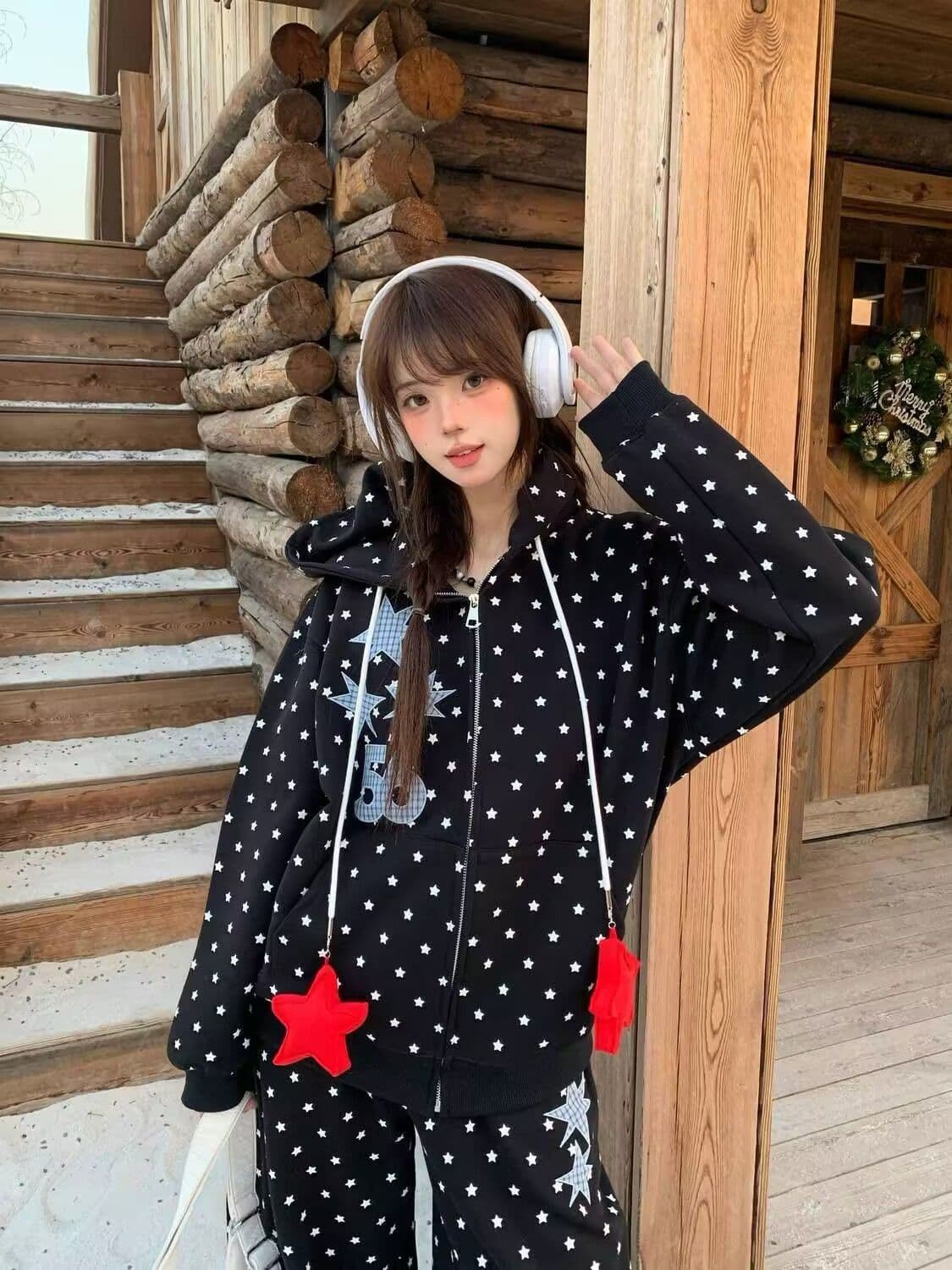 모방 면 사선 무늬 당겨 프레임 250그램 전체 인쇄 별 후드 세트 여성 가을 루즈핏 긴팔 캐주얼 투피스 세트 상세 이미지 8