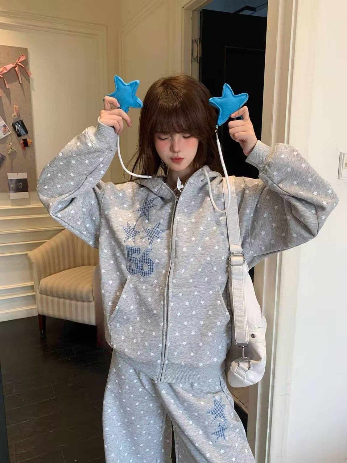 모방 면 사선 무늬 당겨 프레임 250그램 전체 인쇄 별 후드 세트 여성 가을 루즈핏 긴팔 캐주얼 투피스 세트 상세 이미지 11