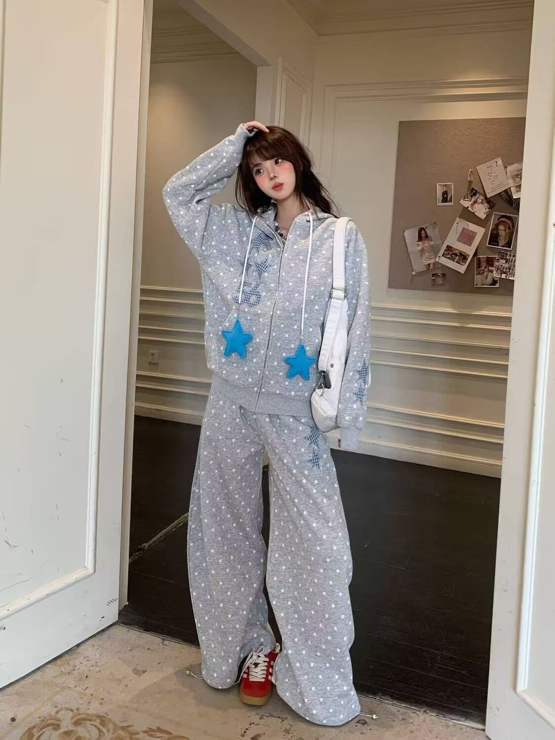 모방 면 사선 무늬 당겨 프레임 250그램 전체 인쇄 별 후드 세트 여성 가을 루즈핏 긴팔 캐주얼 투피스 세트 상세 이미지 12