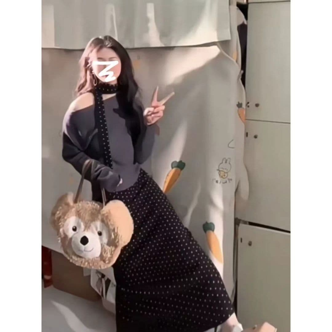 달콤한 핫걸 품격 오프숄더 검정색 도트 무늬 반신 롱 스커트 에이즈 환자 여성 세트 2026 새로운 가을 겨울 자이언트 잘 생긴 세트 상세 이미지 6