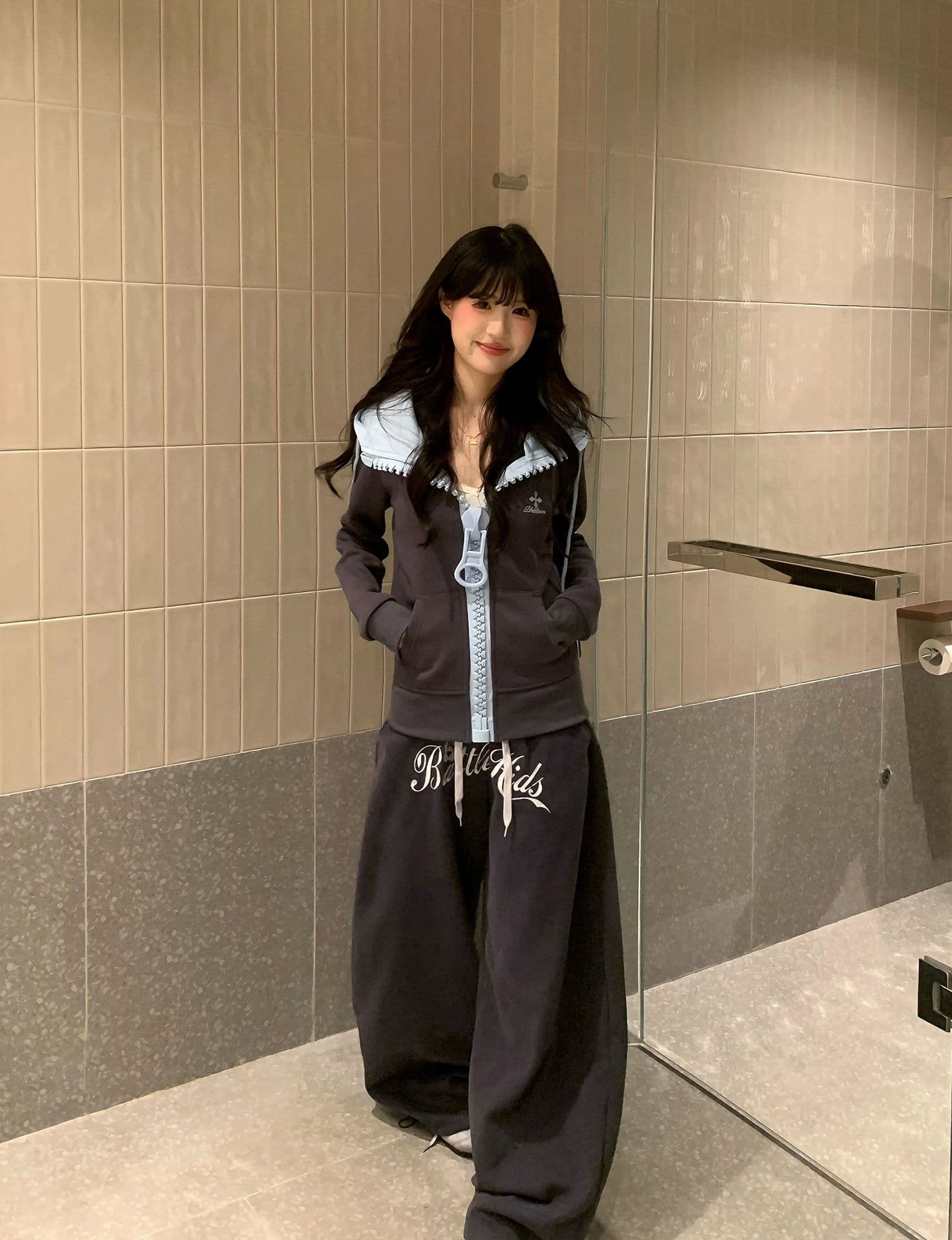 얇은 스타일 원본 대 지퍼 자수 이후 패키지 칼라 순수한 Mianhua 면 복합 후드티 여성 상세 이미지 9