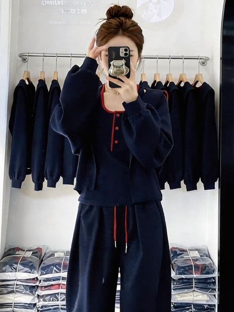 모방 면 남자 바 면 280 그램 패션 세트 여성 봄 가을 재킷 조끼 만나는 와이드 레그 팬츠 3종 세트 이미지 3