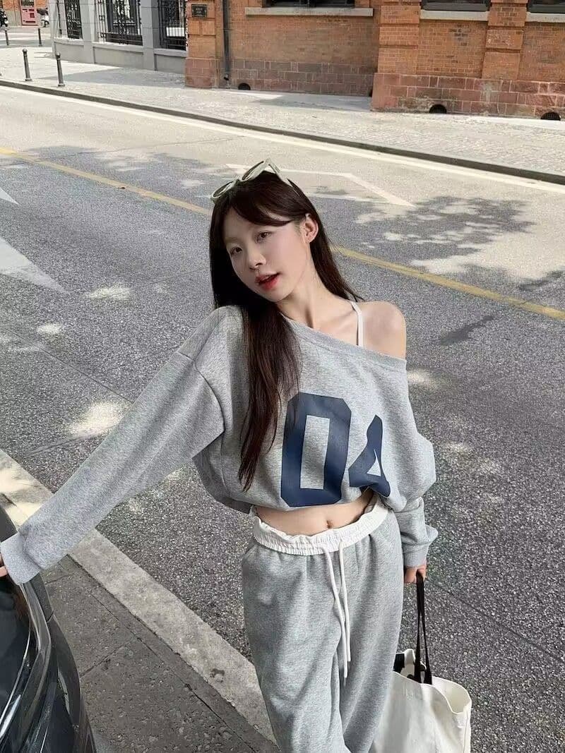 모방 면 사선 무늬 당겨 프레임 250그램 스포츠 슈트 여성 가을 오프숄더 긴팔 후드티 루즈핏 캐주얼 투피스 세트 이미지 4