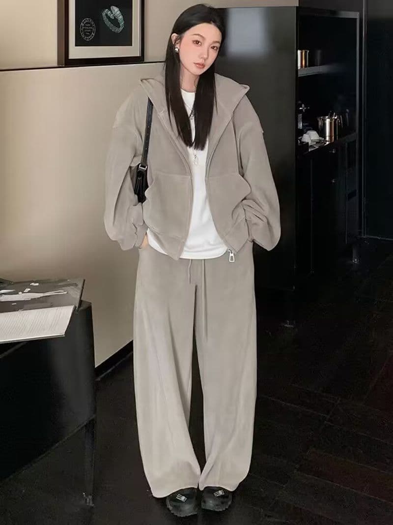 모방 면 사선 무늬 당겨 프레임 250그램 스포츠 슈트 여성 가을 오프숄더 긴팔 후드티 루즈핏 캐주얼 투피스 세트 이미지 2