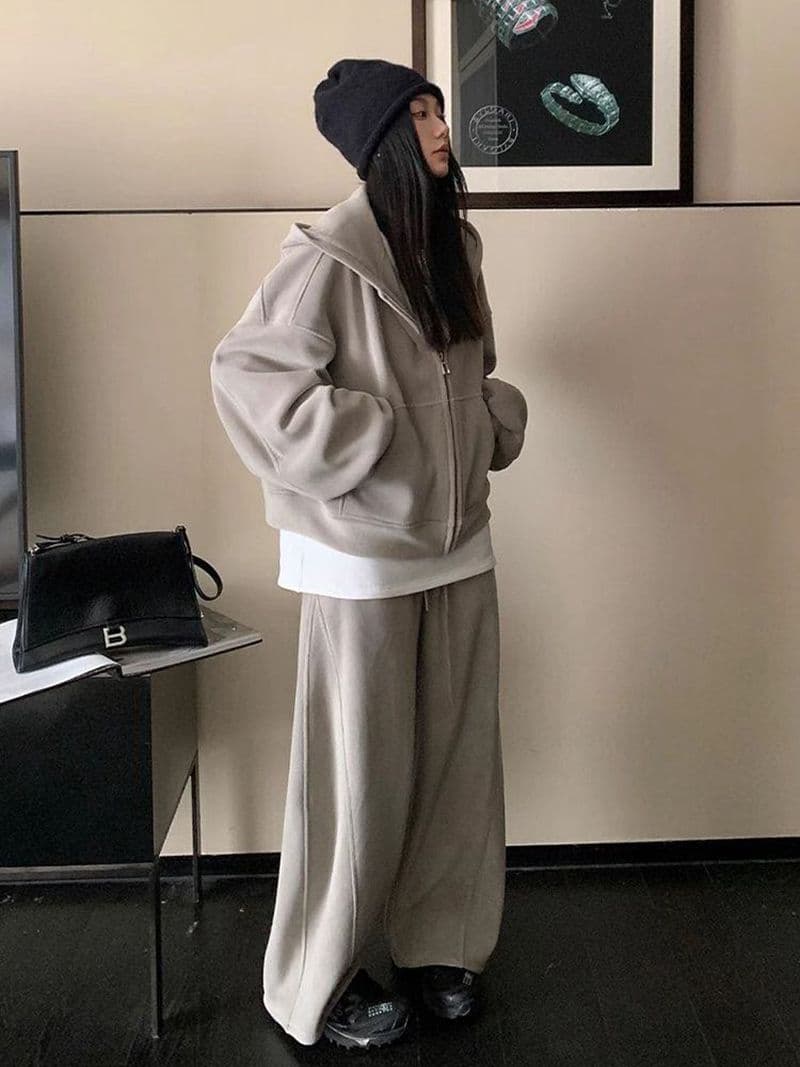 모방 면 사선 무늬 당겨 프레임 250그램 스포츠 슈트 여성 가을 오프숄더 긴팔 후드티 루즈핏 캐주얼 투피스 세트 이미지 3
