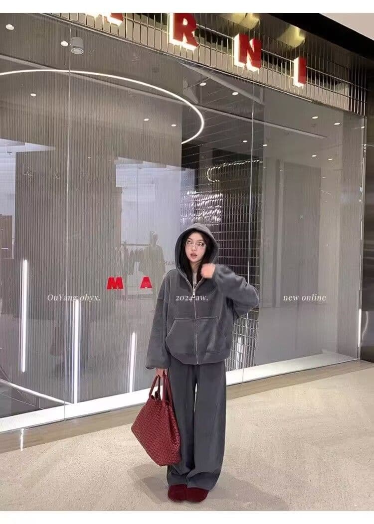 모방 면 사선 무늬 당겨 프레임 250그램 스포츠 슈트 여성 가을 오프숄더 긴팔 후드티 루즈핏 캐주얼 투피스 세트 상세 이미지 6