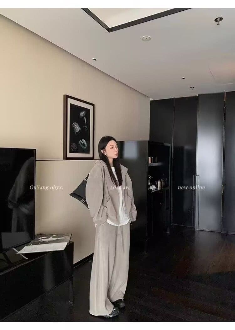모방 면 사선 무늬 당겨 프레임 250그램 스포츠 슈트 여성 가을 오프숄더 긴팔 후드티 루즈핏 캐주얼 투피스 세트 상세 이미지 22