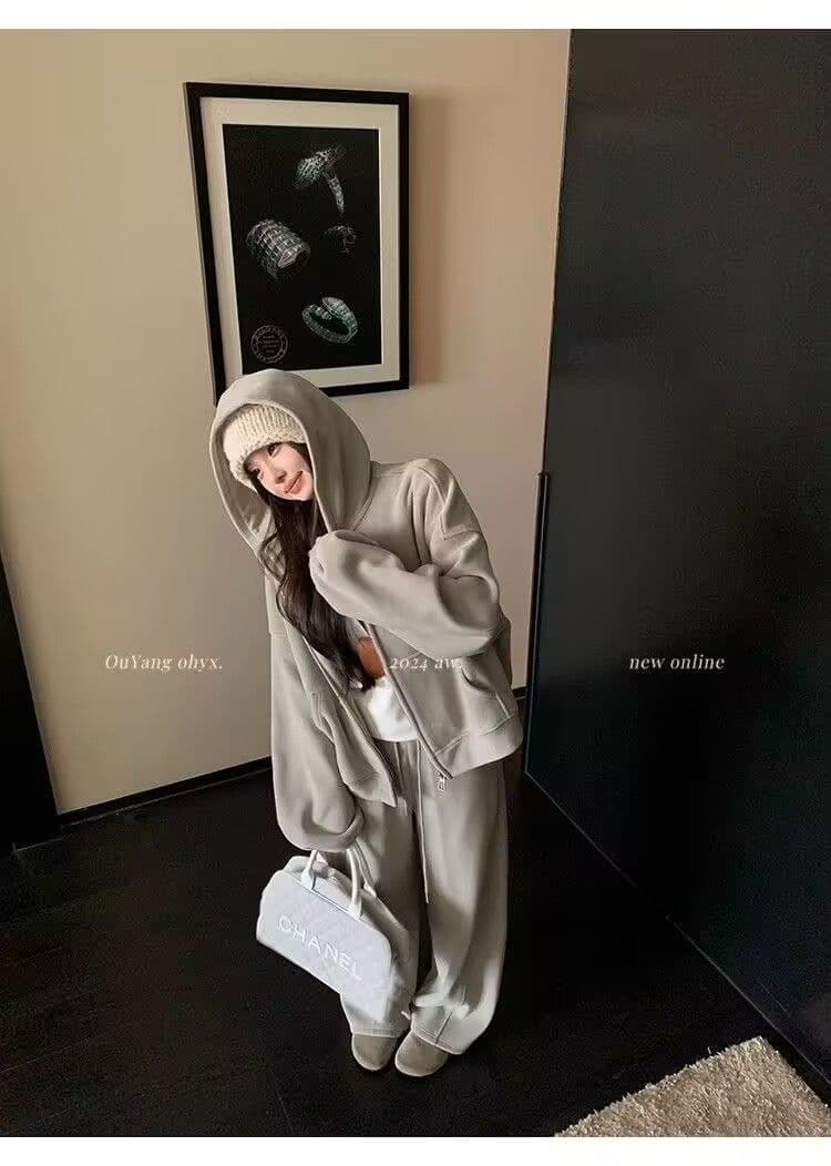 모방 면 사선 무늬 당겨 프레임 250그램 스포츠 슈트 여성 가을 오프숄더 긴팔 후드티 루즈핏 캐주얼 투피스 세트 상세 이미지 23