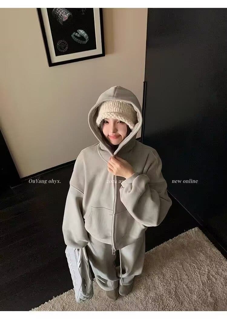 모방 면 사선 무늬 당겨 프레임 250그램 스포츠 슈트 여성 가을 오프숄더 긴팔 후드티 루즈핏 캐주얼 투피스 세트 상세 이미지 26