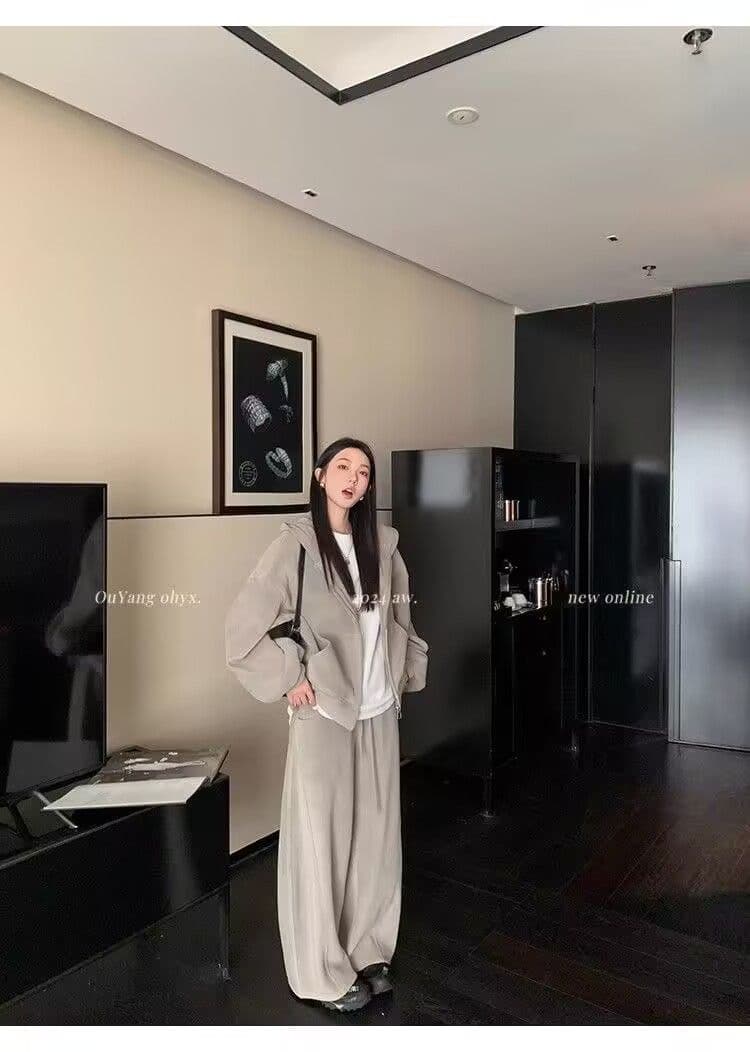 모방 면 사선 무늬 당겨 프레임 250그램 스포츠 슈트 여성 가을 오프숄더 긴팔 후드티 루즈핏 캐주얼 투피스 세트 상세 이미지 27