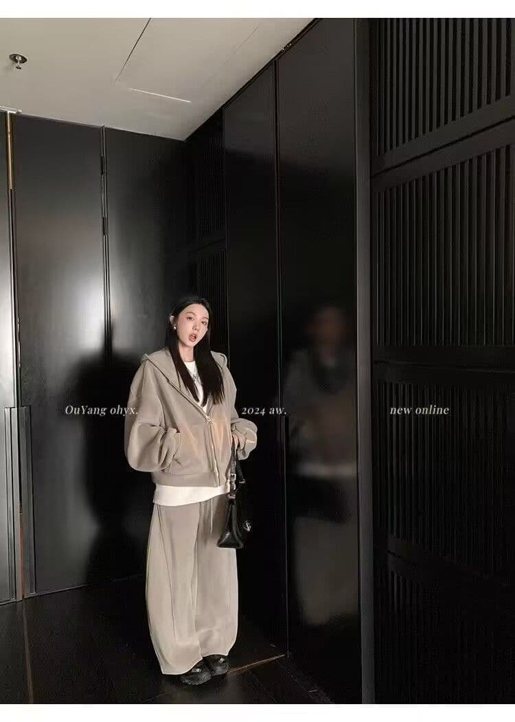 모방 면 사선 무늬 당겨 프레임 250그램 스포츠 슈트 여성 가을 오프숄더 긴팔 후드티 루즈핏 캐주얼 투피스 세트 상세 이미지 28