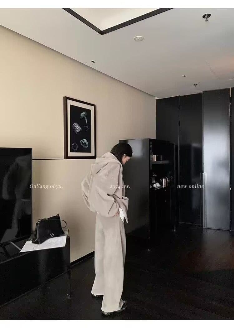 모방 면 사선 무늬 당겨 프레임 250그램 스포츠 슈트 여성 가을 오프숄더 긴팔 후드티 루즈핏 캐주얼 투피스 세트 상세 이미지 29