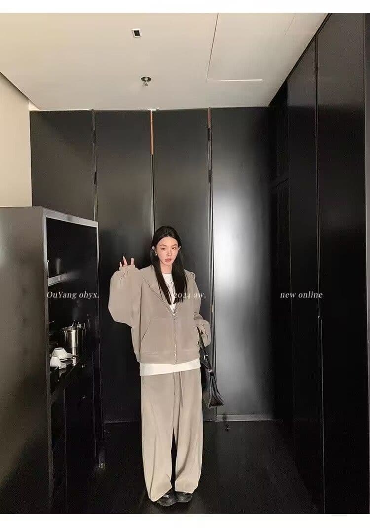 모방 면 사선 무늬 당겨 프레임 250그램 스포츠 슈트 여성 가을 오프숄더 긴팔 후드티 루즈핏 캐주얼 투피스 세트 상세 이미지 30