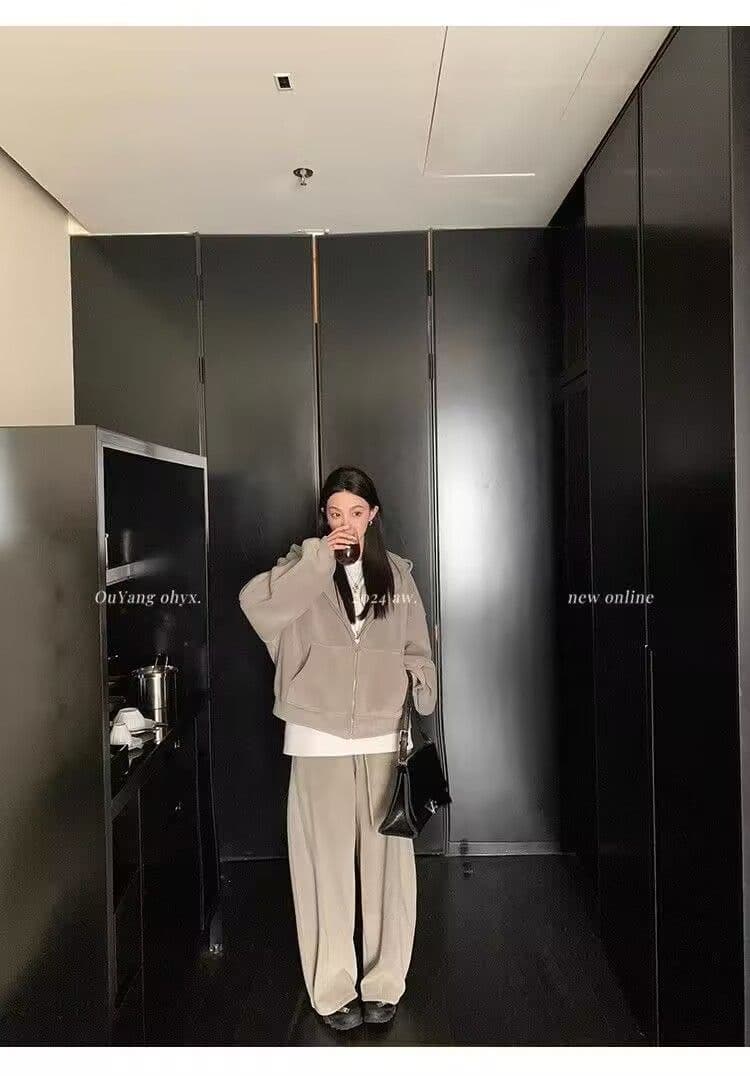 모방 면 사선 무늬 당겨 프레임 250그램 스포츠 슈트 여성 가을 오프숄더 긴팔 후드티 루즈핏 캐주얼 투피스 세트 상세 이미지 32