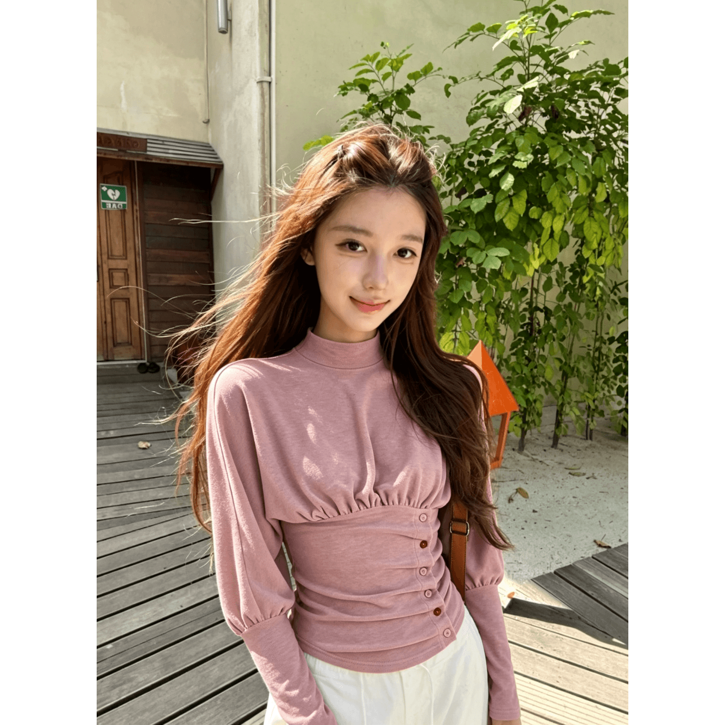 와 사고 방식 모달 260 그램 1 1 프랑스식 빛 요리 한 바람 핑크색 반하이넥 긴팔 티셔츠 여성 상세 이미지 2