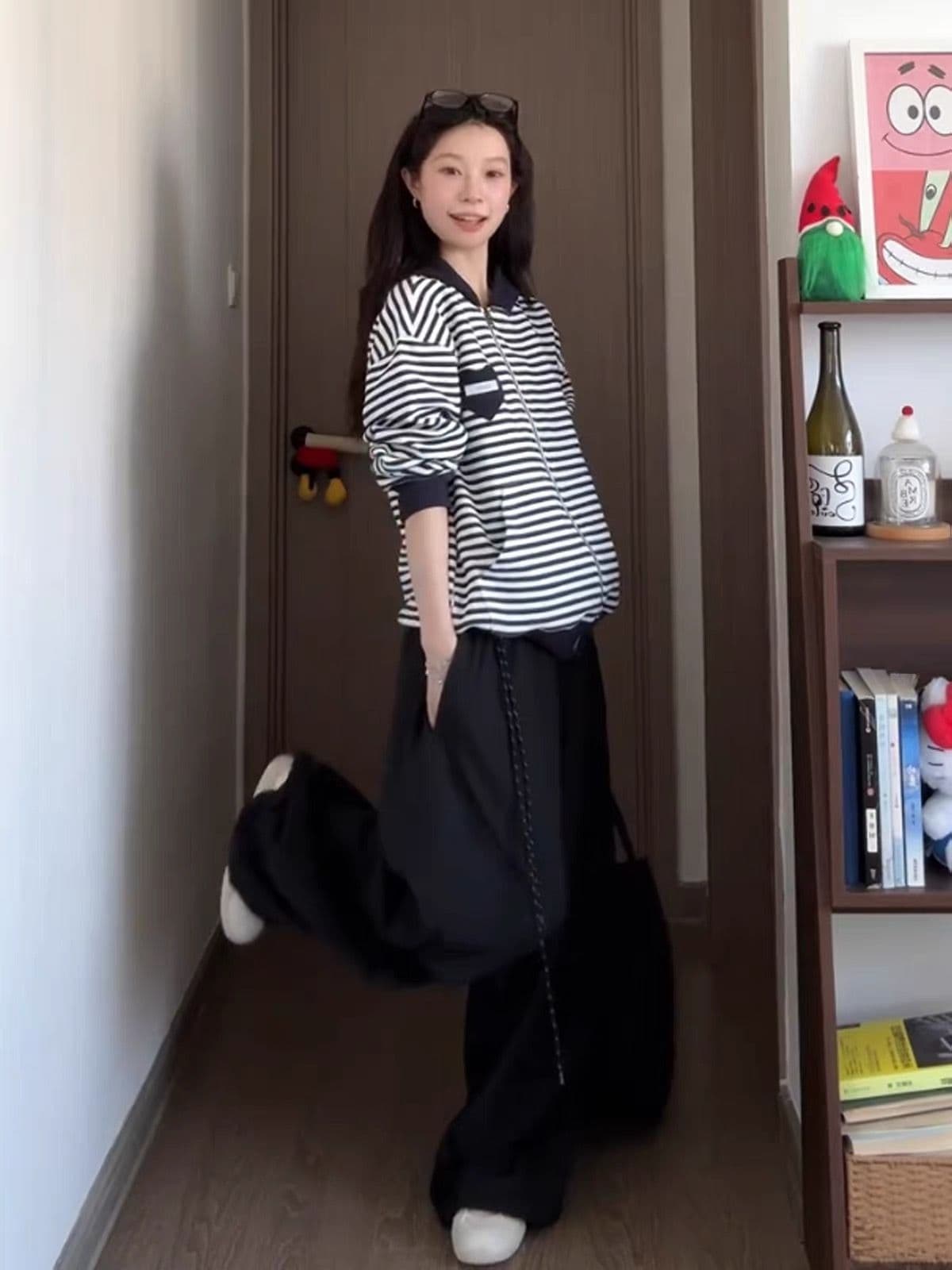 얇은 스타일 백금 지퍼 이후 패키지 칼라 6535 후아 남편 그리드 복합 후드티 여성 이미지 4