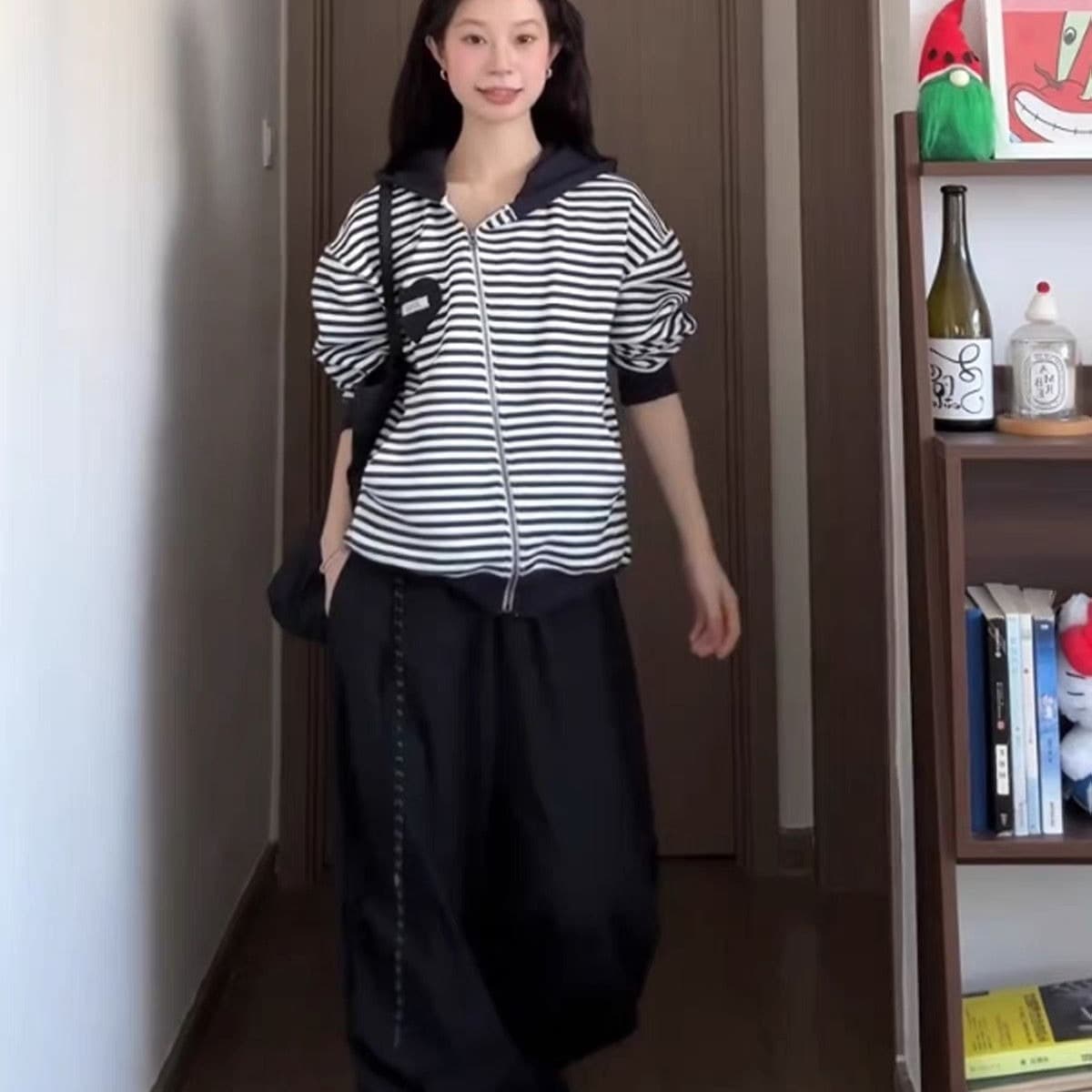 얇은 스타일 백금 지퍼 이후 패키지 칼라 6535 후아 남편 그리드 복합 후드티 여성 이미지 5