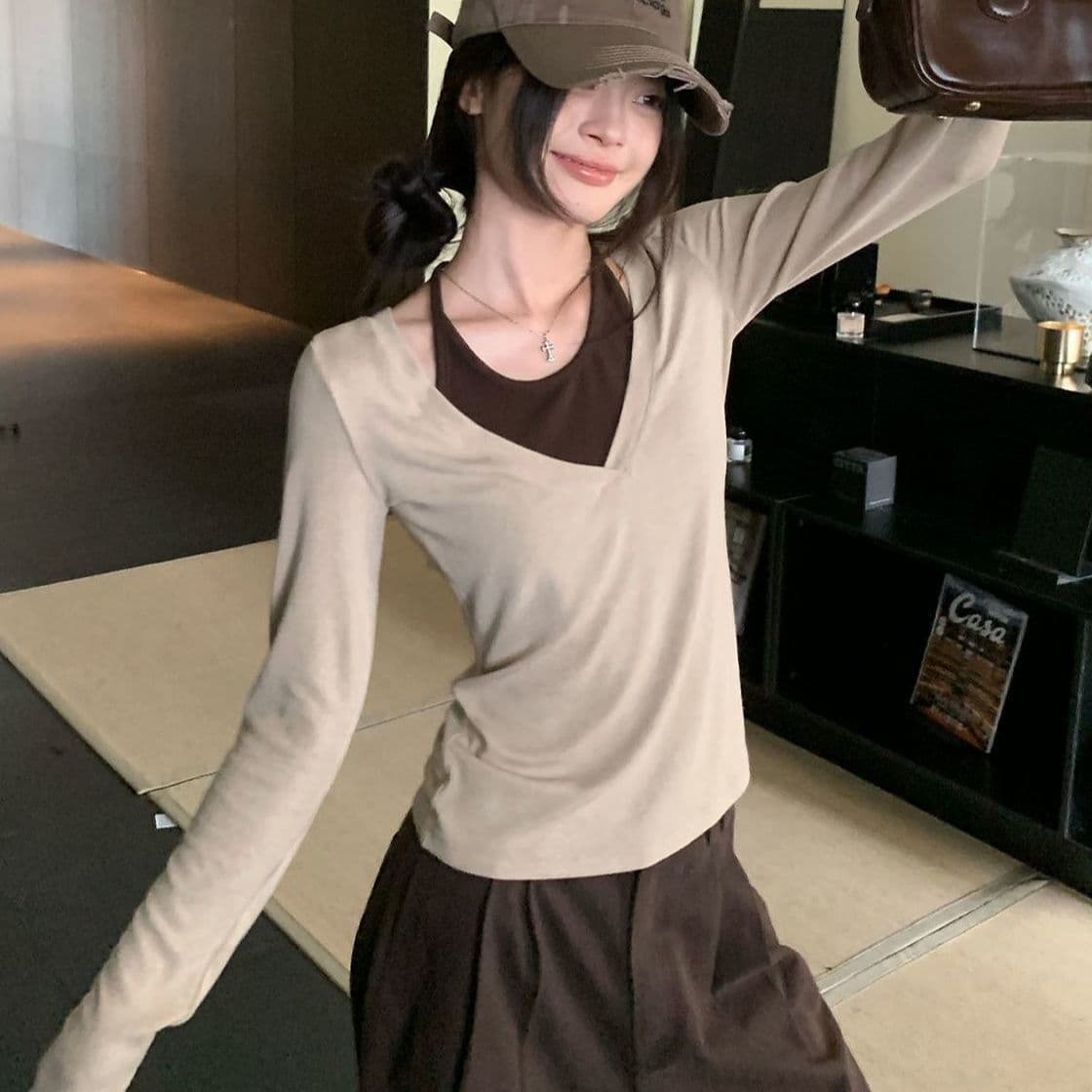 1 1 인 면 260 그램 긴팔 티셔츠 여성 이미지 2