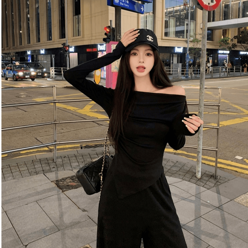 이른 봄 코디 전체 집합 작은 키 비스듬한 어깨 연령 감소 긴팔 맨위 캐주얼 넓은 다리 캐주얼 긴 바지 투피스 슈트 이미지 5