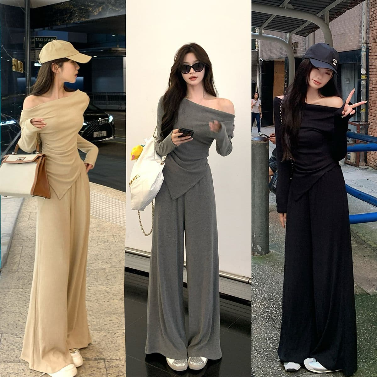 이른 봄 코디 전체 집합 작은 키 비스듬한 어깨 연령 감소 긴팔 맨위 캐주얼 넓은 다리 캐주얼 긴 바지 투피스 슈트