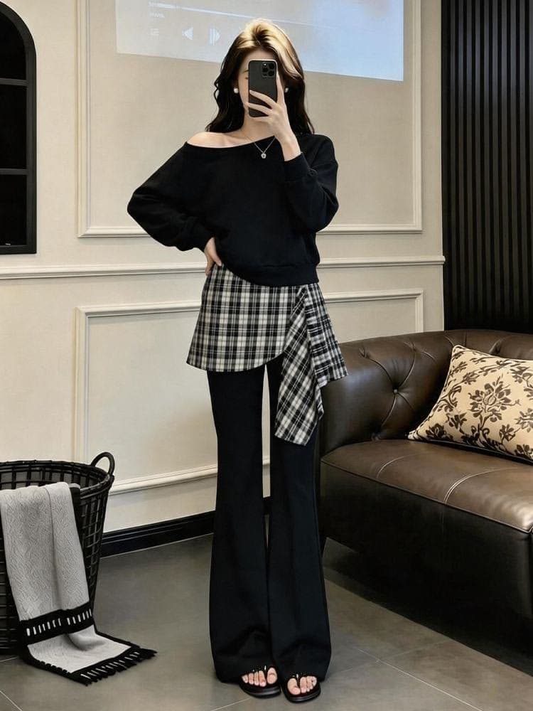 모방 면 사선 무늬 당겨 프레임 250그램 가을 새로운 패션 세트 여성 비스듬한 어깨 후드티 와이드 레그 팬츠 투피스 세트 이미지 4