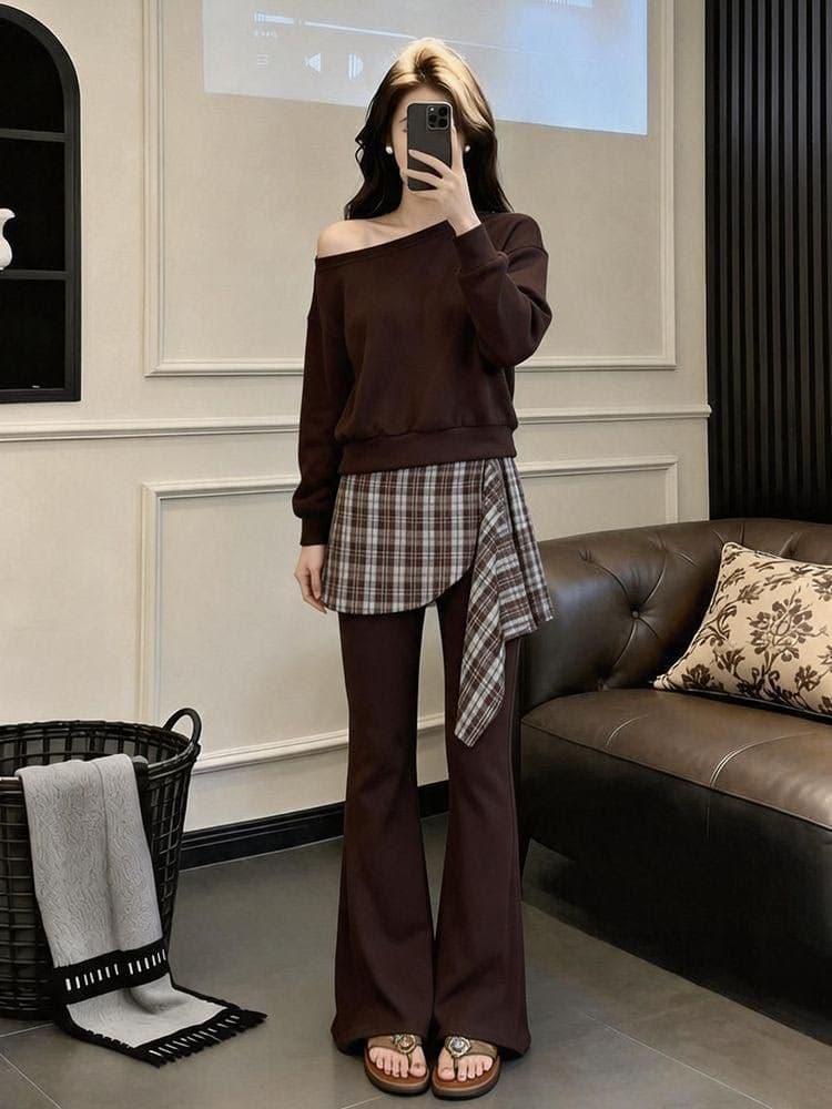 모방 면 사선 무늬 당겨 프레임 250그램 가을 새로운 패션 세트 여성 비스듬한 어깨 후드티 와이드 레그 팬츠 투피스 세트 상세 이미지 5