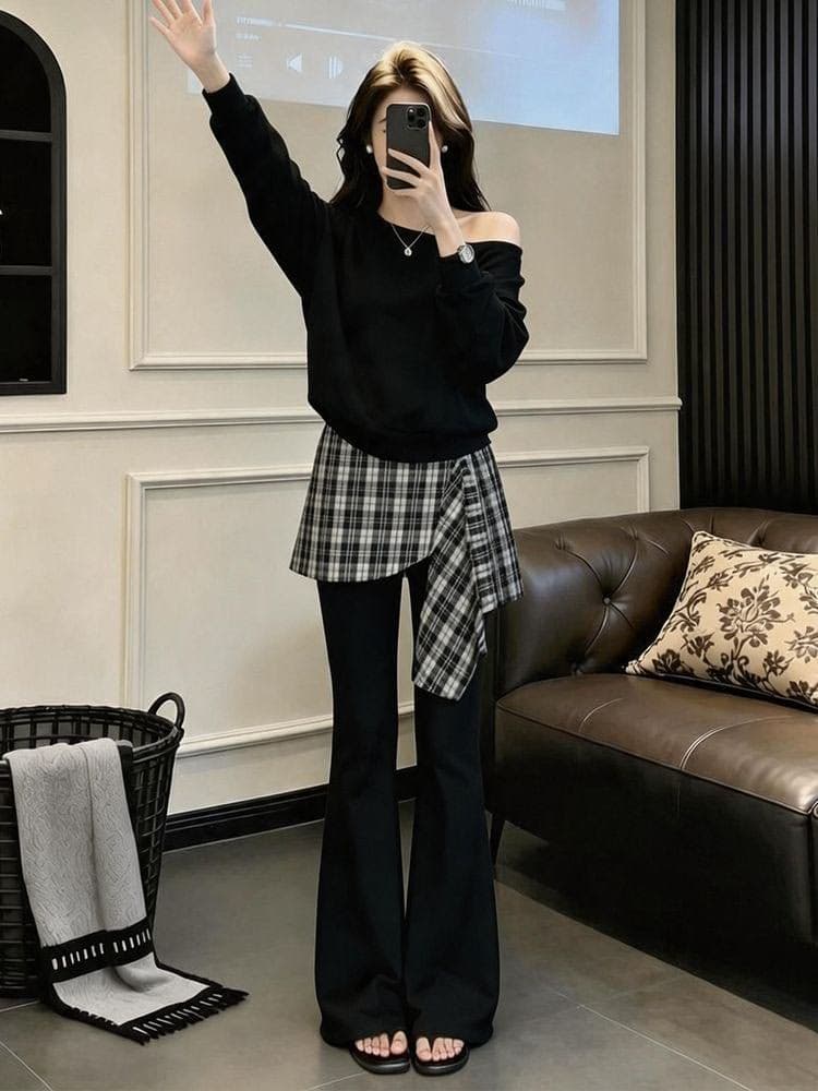 모방 면 사선 무늬 당겨 프레임 250그램 가을 새로운 패션 세트 여성 비스듬한 어깨 후드티 와이드 레그 팬츠 투피스 세트 상세 이미지 6