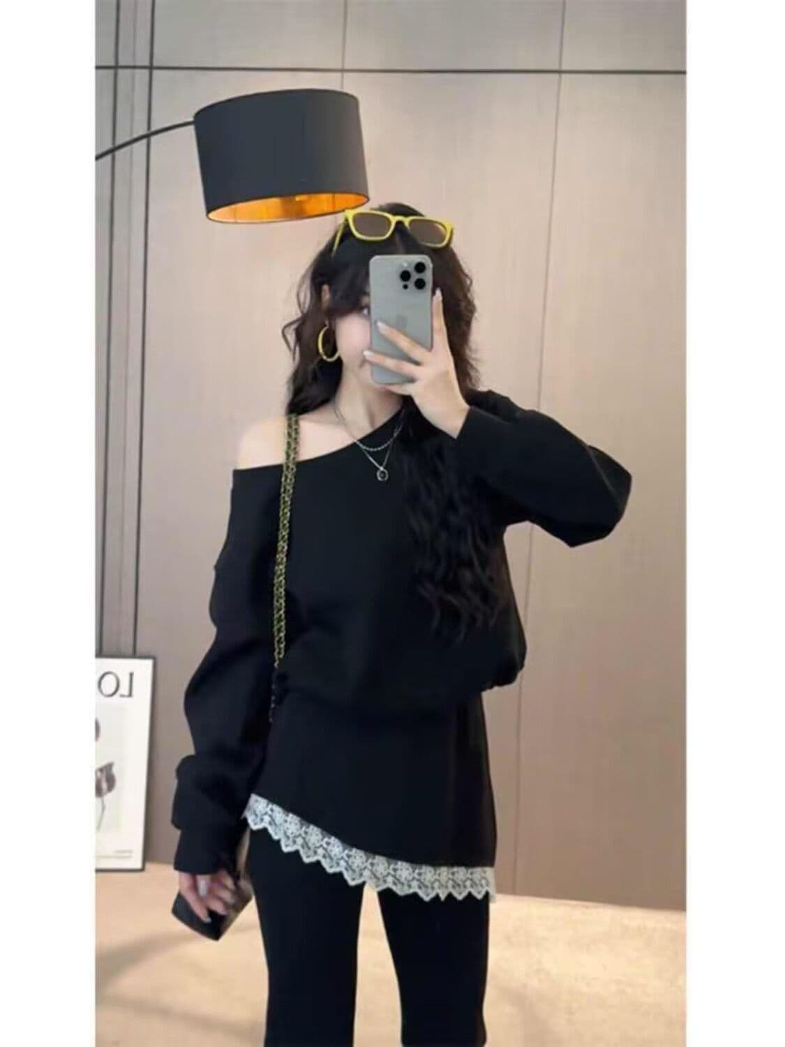 모방 면 사선 무늬 당겨 프레임 250그램 가을 패션 세트 여성 디자인 센스 오프숄더 맨위 부츠컷 바지 투피스 세트 상세 이미지 4