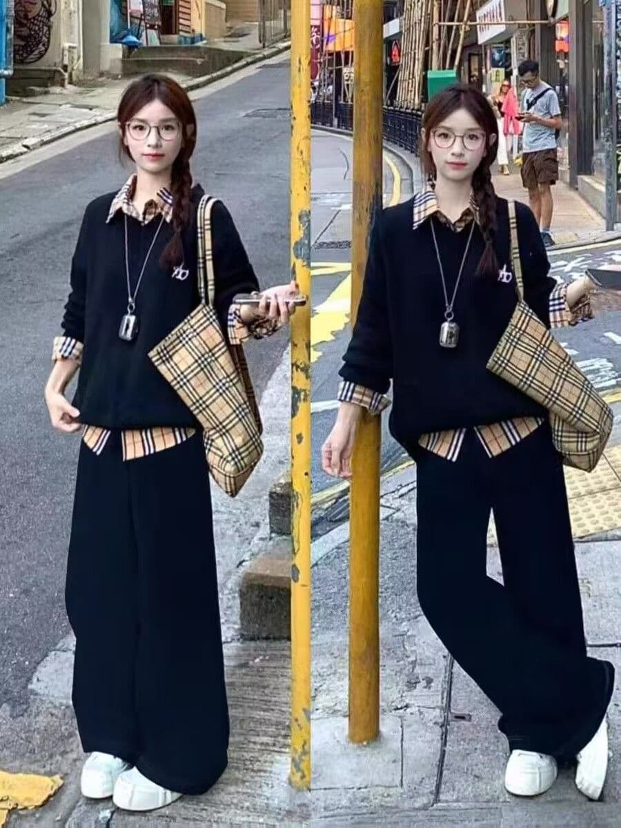 모방 면 사선 무늬 당겨 프레임 250그램 스포츠 슈트 여성 봄 가을 루즈핏 페이크 레이어드 후드티 캐주얼 투피스 세트 이미지 4