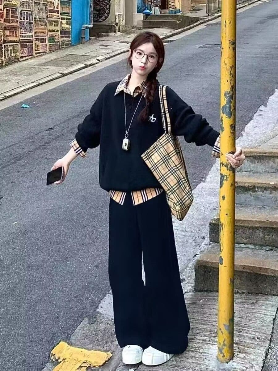 모방 면 사선 무늬 당겨 프레임 250그램 스포츠 슈트 여성 봄 가을 루즈핏 페이크 레이어드 후드티 캐주얼 투피스 세트 상세 이미지 3