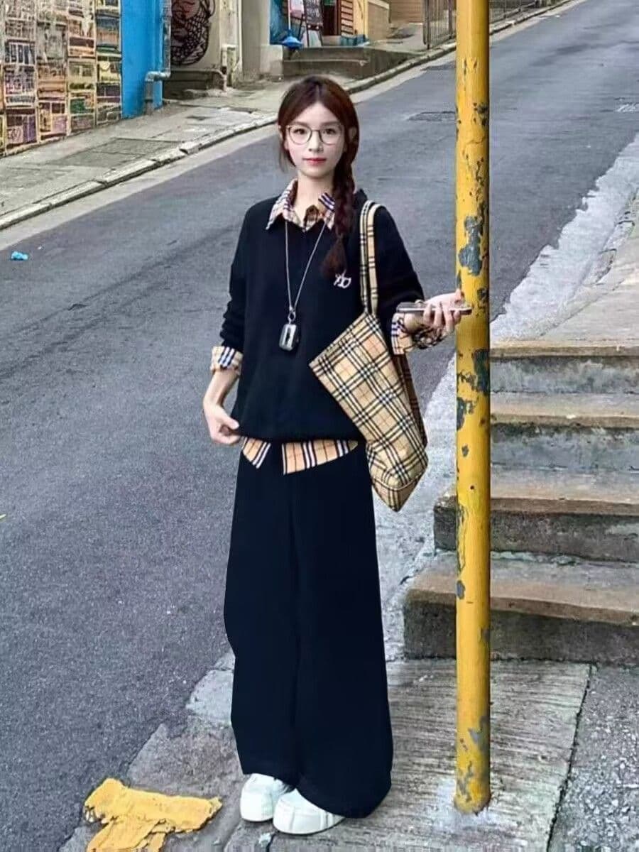 모방 면 사선 무늬 당겨 프레임 250그램 스포츠 슈트 여성 봄 가을 루즈핏 페이크 레이어드 후드티 캐주얼 투피스 세트 상세 이미지 5