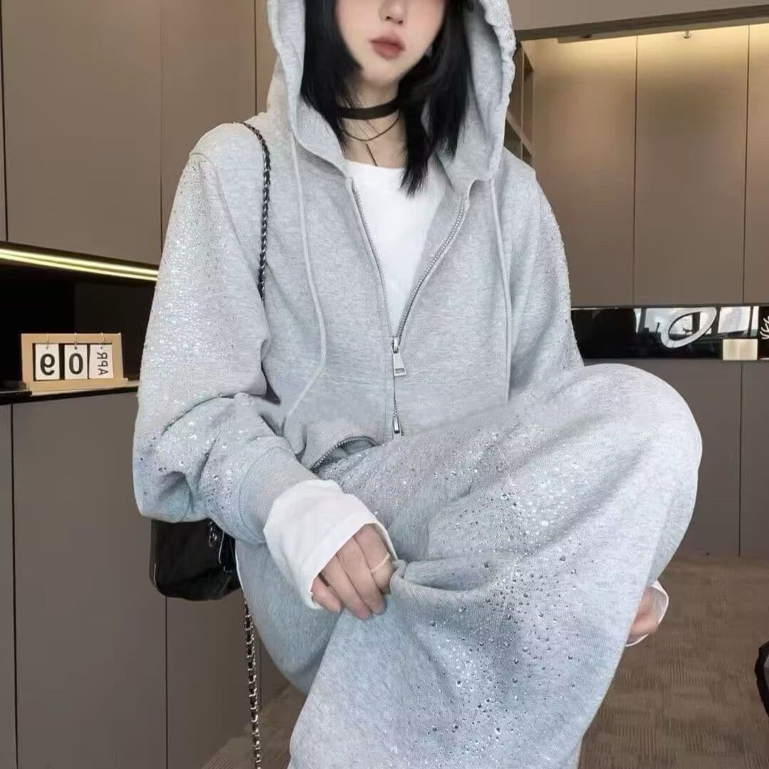 모방 면 사선 무늬 당겨 프레임 250그램 핫픽스 캐주얼 세트 여성 가을 후드 긴팔 와이드 레그 팬츠 투피스 세트 상세 이미지 4
