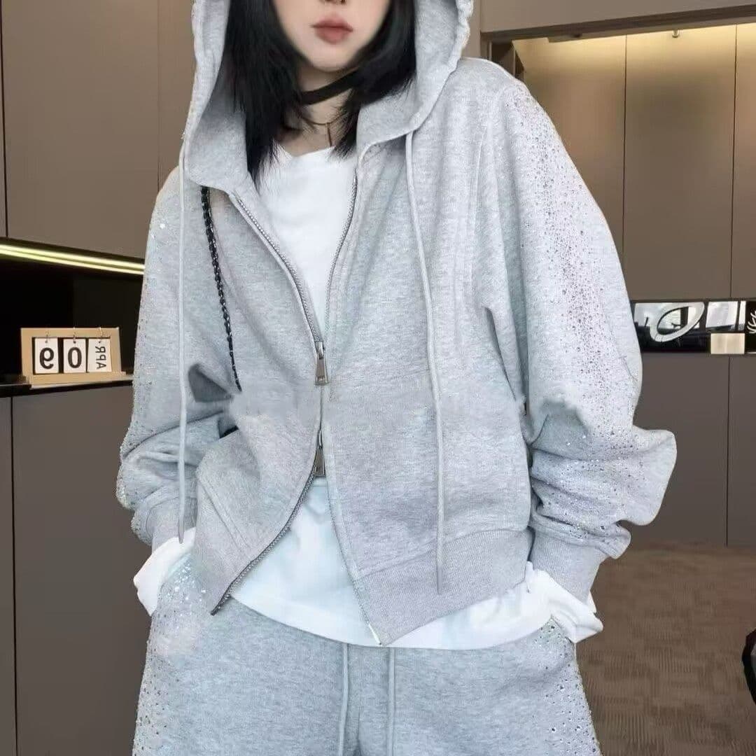 모방 면 사선 무늬 당겨 프레임 250그램 핫픽스 캐주얼 세트 여성 가을 후드 긴팔 와이드 레그 팬츠 투피스 세트 상세 이미지 5