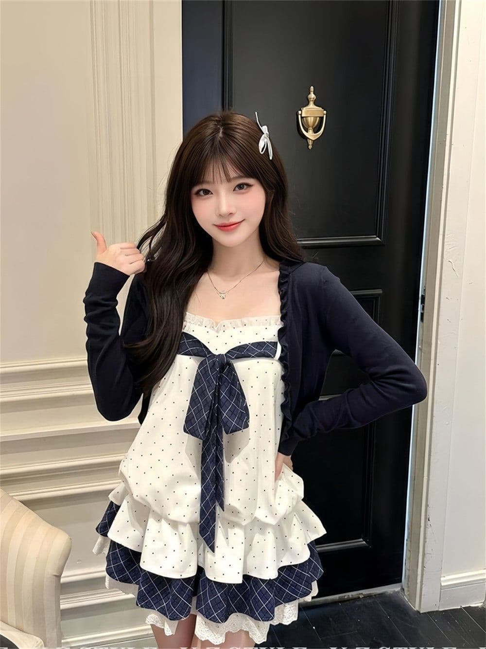 부드러운 바람 첫사랑 공주 체크무늬 레이스 조각 퍼프 튜브탑 케이크 드레스 해군 레이스 오픈 가디건 투피스 슈트 상세 이미지 6