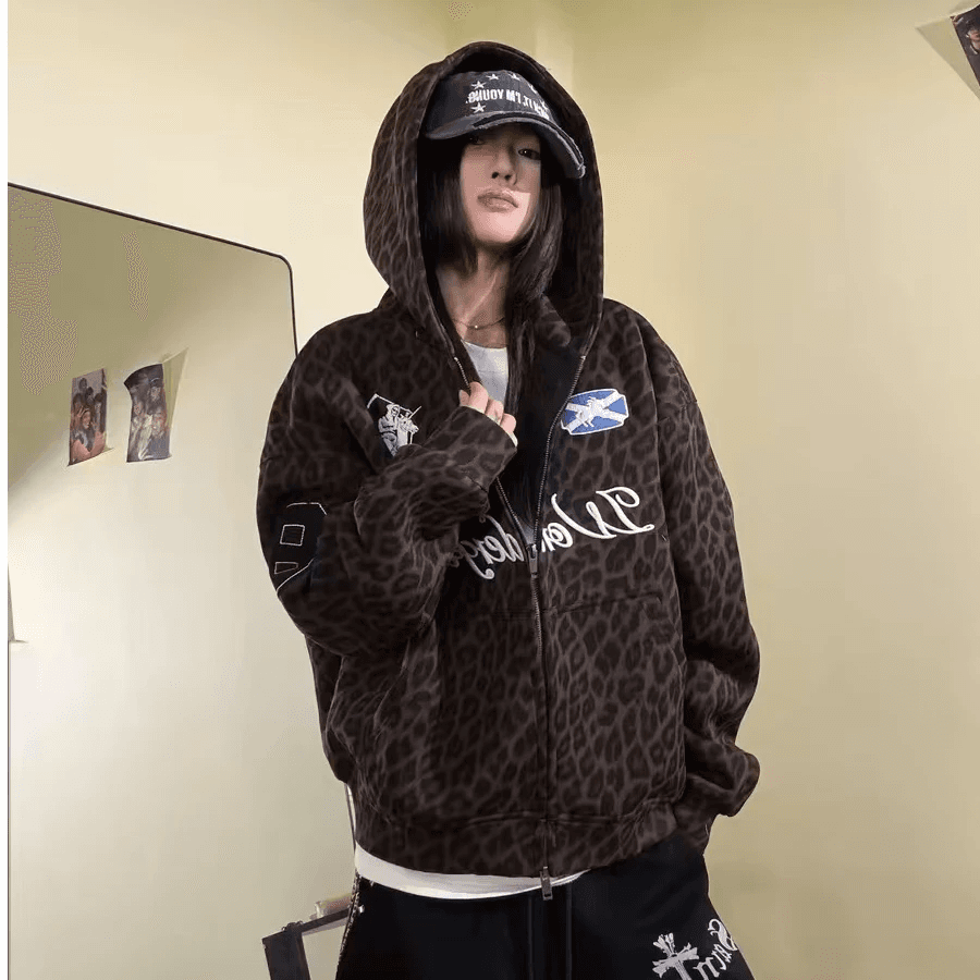 원본 솜씨 자수 레오파드 무늬 프린트 순수한 Mianhua 면 스트라이프 후드 오픈 가디건 후드티 남녀 이미지 5