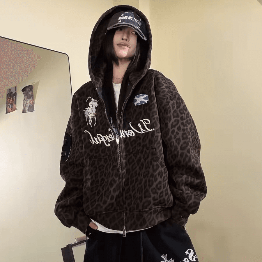 원본 솜씨 자수 레오파드 무늬 프린트 순수한 Mianhua 면 스트라이프 후드 오픈 가디건 후드티 남녀 이미지 4