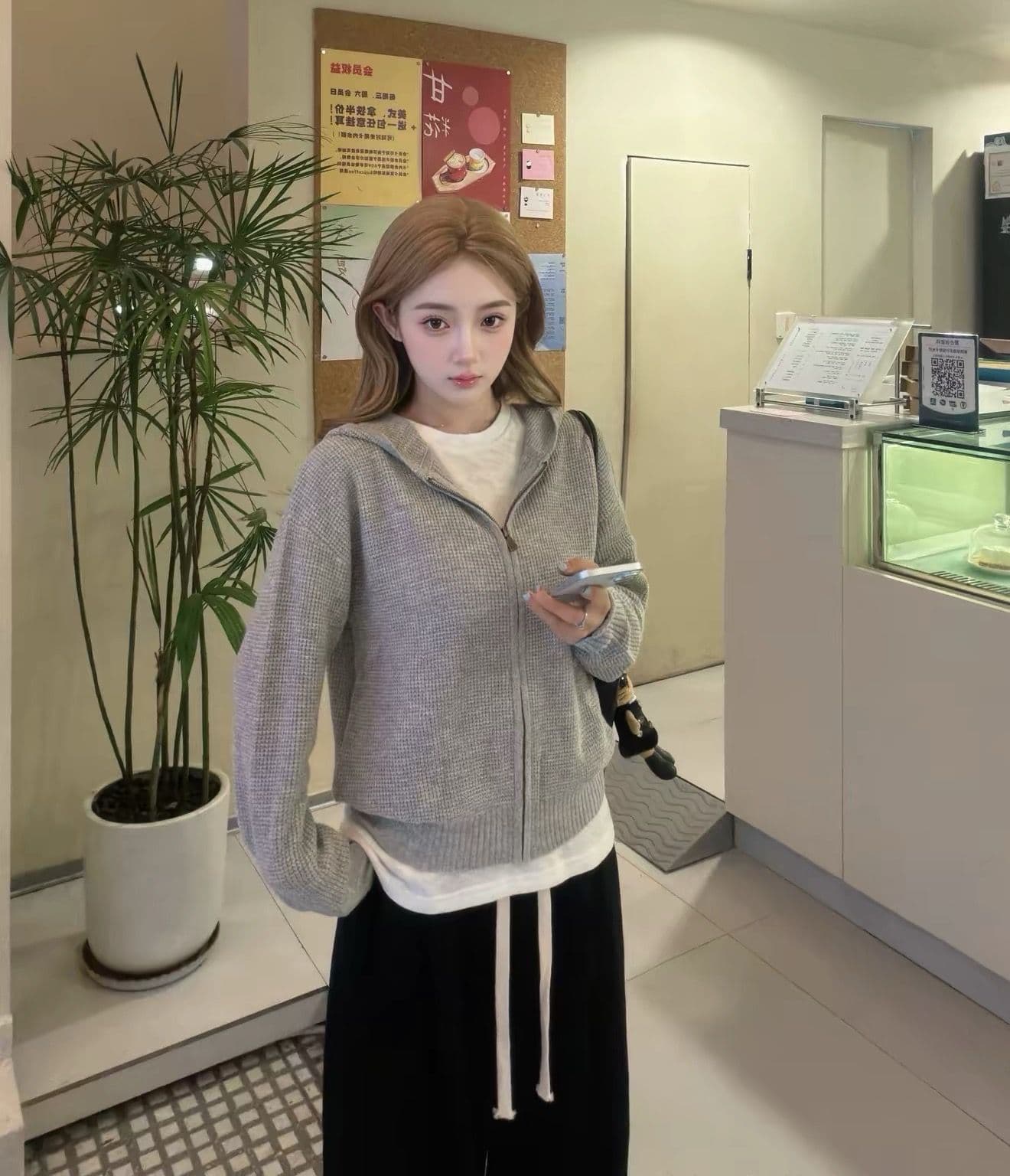 양 플러시 3 차원 후아 남편 그리드 후드 오픈 가디건 여성 레저 다용도 양모 재킷 상세 이미지 10