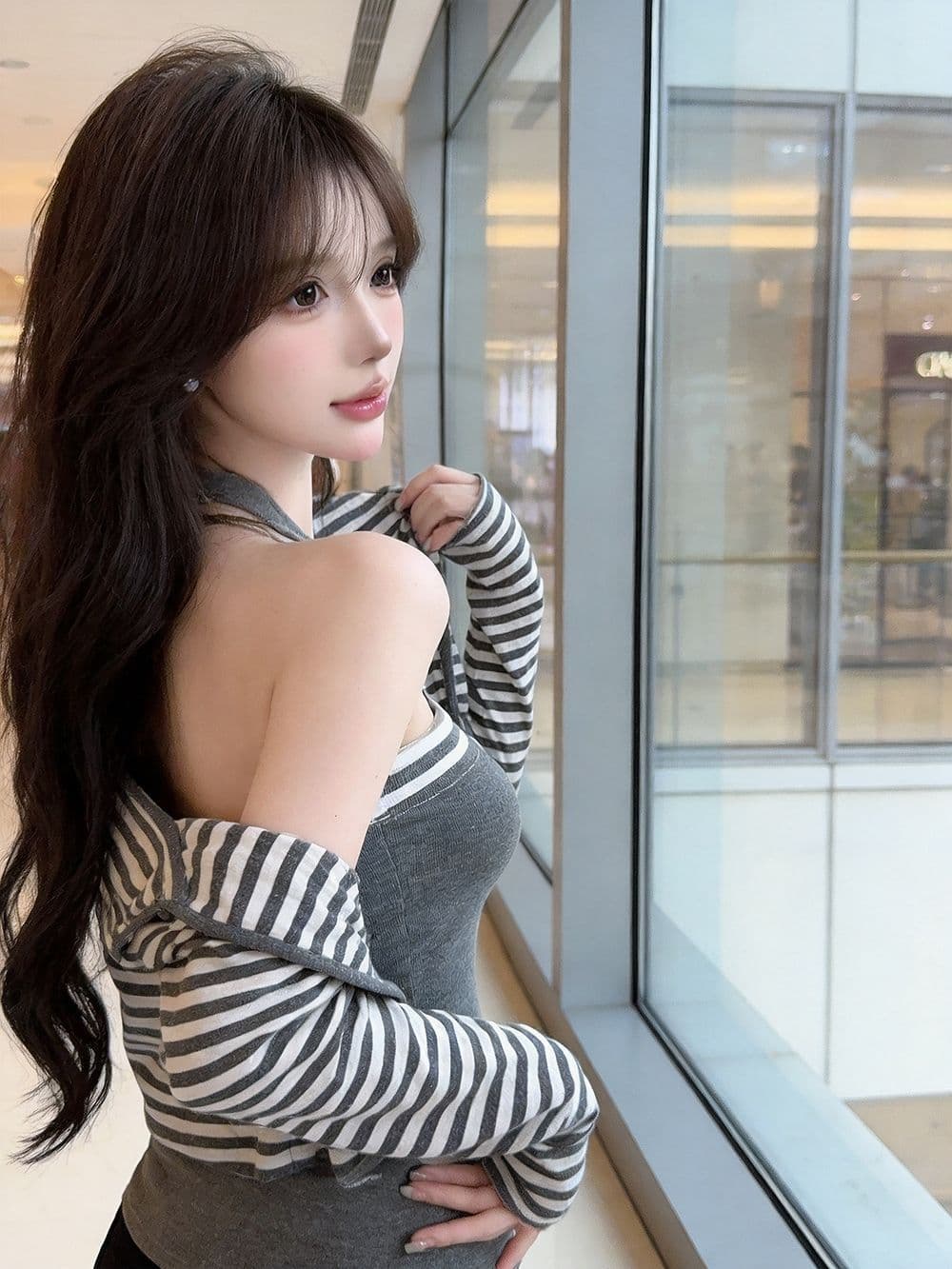 3종 세트 이른 가을 새로운 한 부서 배색 스트라이프 튜브탑 조끼 오픈 가디건 하이웨이스트 스트라이프 캐주얼 바지 상세 이미지 2