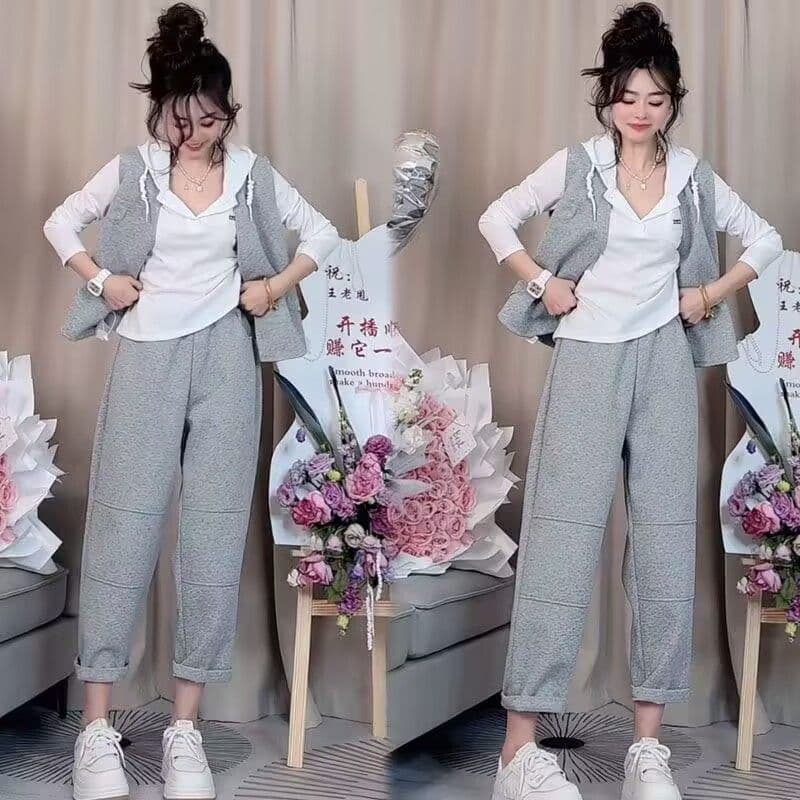모방 면 사선 무늬 당겨 프레임 250그램 봄 가을 패션 세트 여성 레저 베스트 루즈핏 까마귀 3종 세트 이미지 4