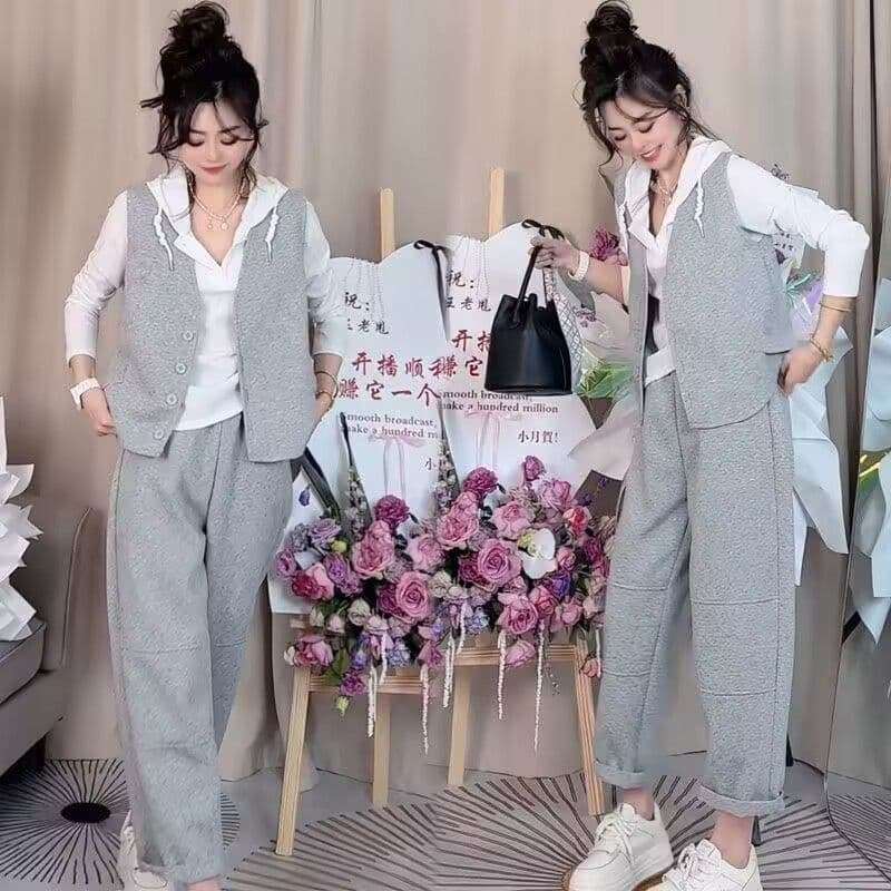 모방 면 사선 무늬 당겨 프레임 250그램 봄 가을 패션 세트 여성 레저 베스트 루즈핏 까마귀 3종 세트 이미지 5