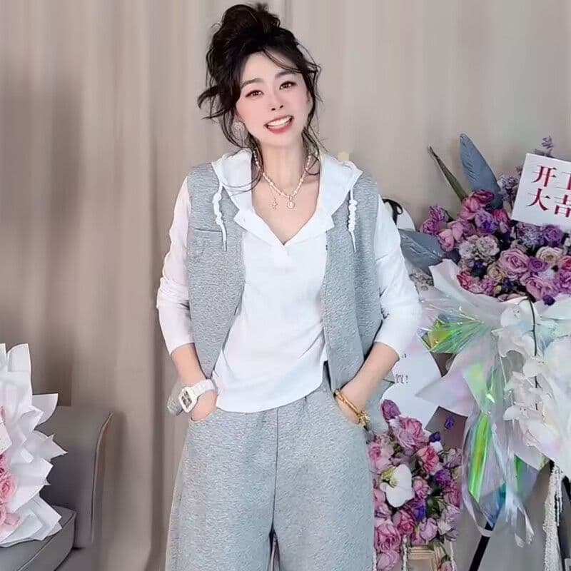 모방 면 사선 무늬 당겨 프레임 250그램 봄 가을 패션 세트 여성 레저 베스트 루즈핏 까마귀 3종 세트